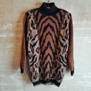261a. vintage brown & black animal print wool blend 80s turtleneck sweater, P